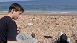 Will on Slapton Sands at Torcross, 19.2 miles into the ride
